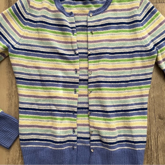 Express All Lambswool Cardigan Sweater Pastel Stripe with Crystal Button - Picture 2 of 5